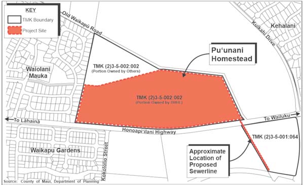 This map shows the location of the proposed Department of Hawaiian Home Lands residential project, Pu‘unani homestead, on 48 acres in Waikapu. Munekiyo Hiraga map